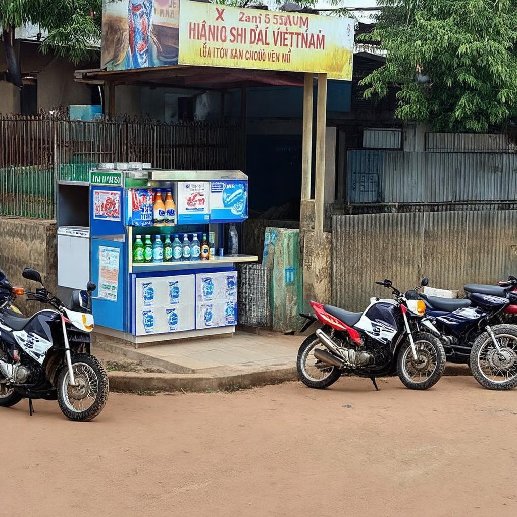 Khu vực tiện ích tại Sân Bóng Đá Sông Quê: chỗ giữ xe và quầy bán nước giải khát